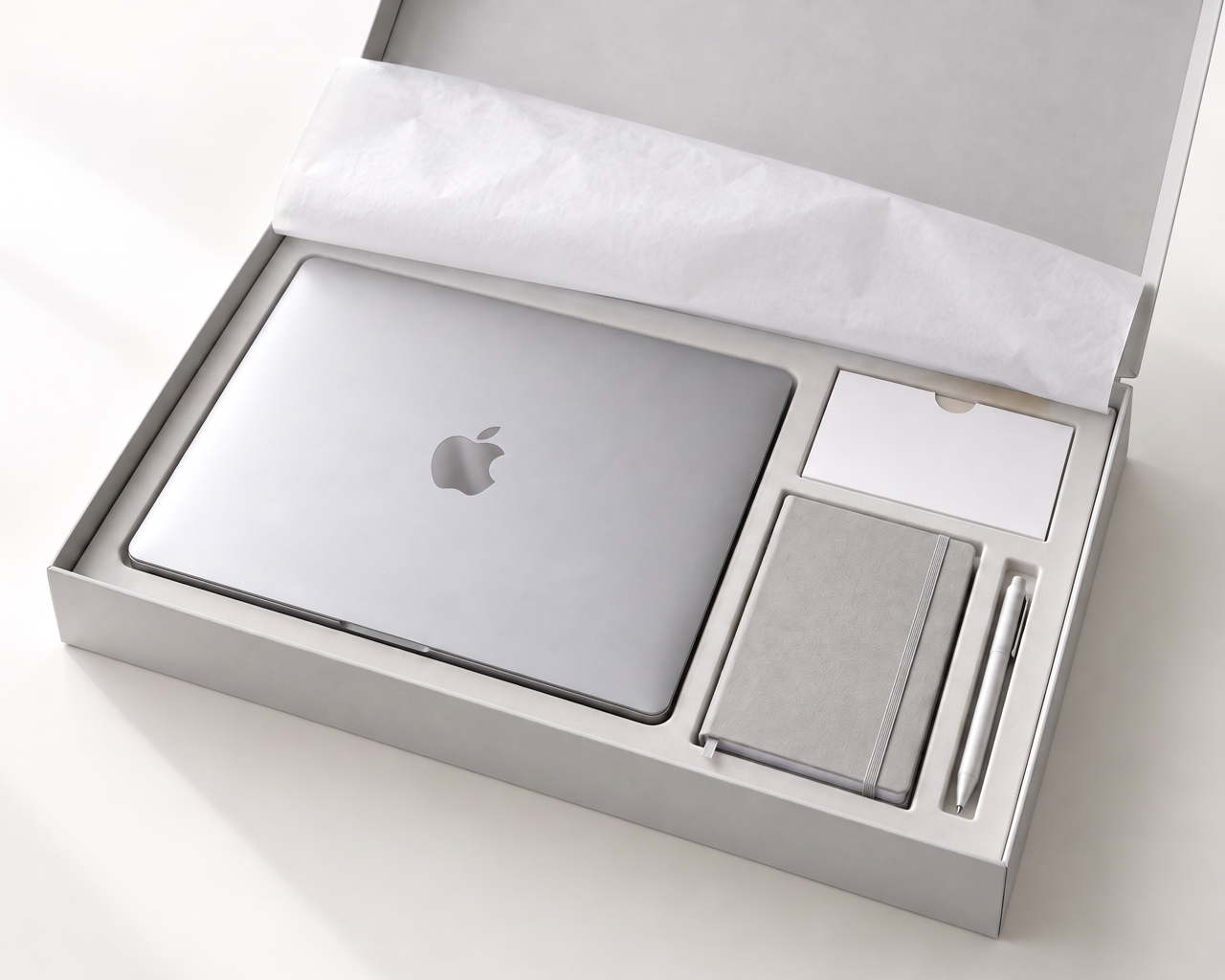 Kit corporativo com MacBook e carta de boas-vindas